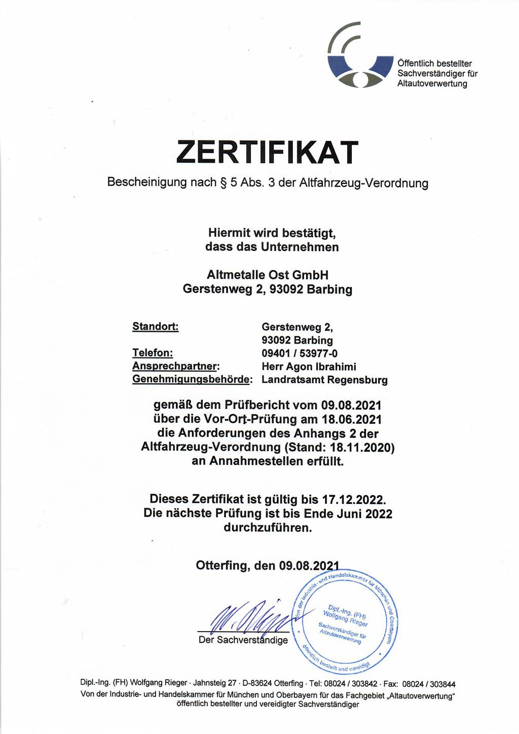 Zertifikat Altfahrzeugannahme
